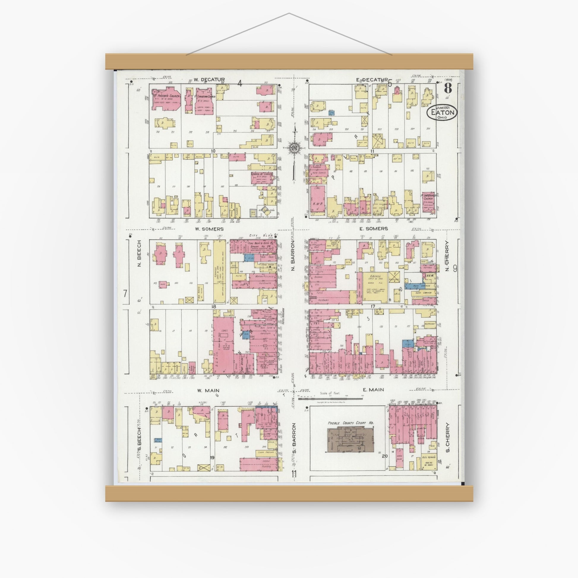 Old map wall art mockup — magnetic wood frame on white wall — Sanborn Fire Insurance Map from Eaton, Preble County, Ohio (1921), Sheet #0008
