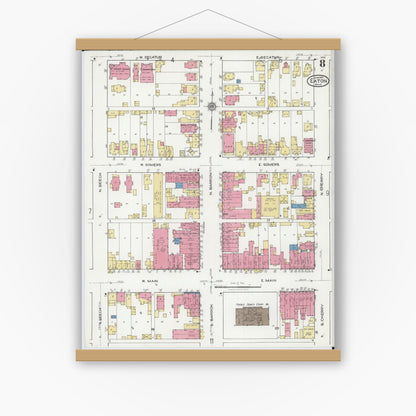 Old map wall art mockup — magnetic wood frame on white wall — Sanborn Fire Insurance Map from Eaton, Preble County, Ohio (1921), Sheet #0008