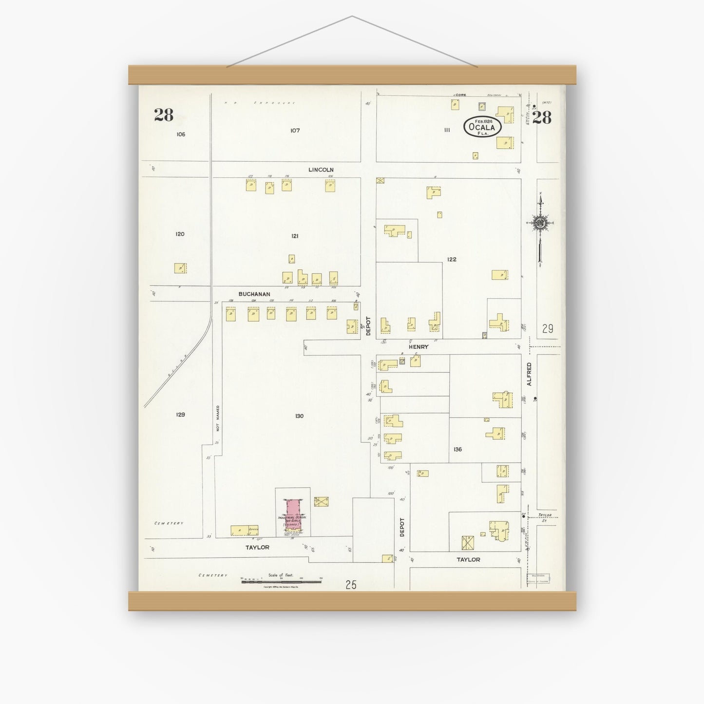 Old map wall art mockup — magnetic wood frame on white wall — Sanborn Fire Insurance Map from Ocala, Marion County, Florida (1924), Sheet #0028