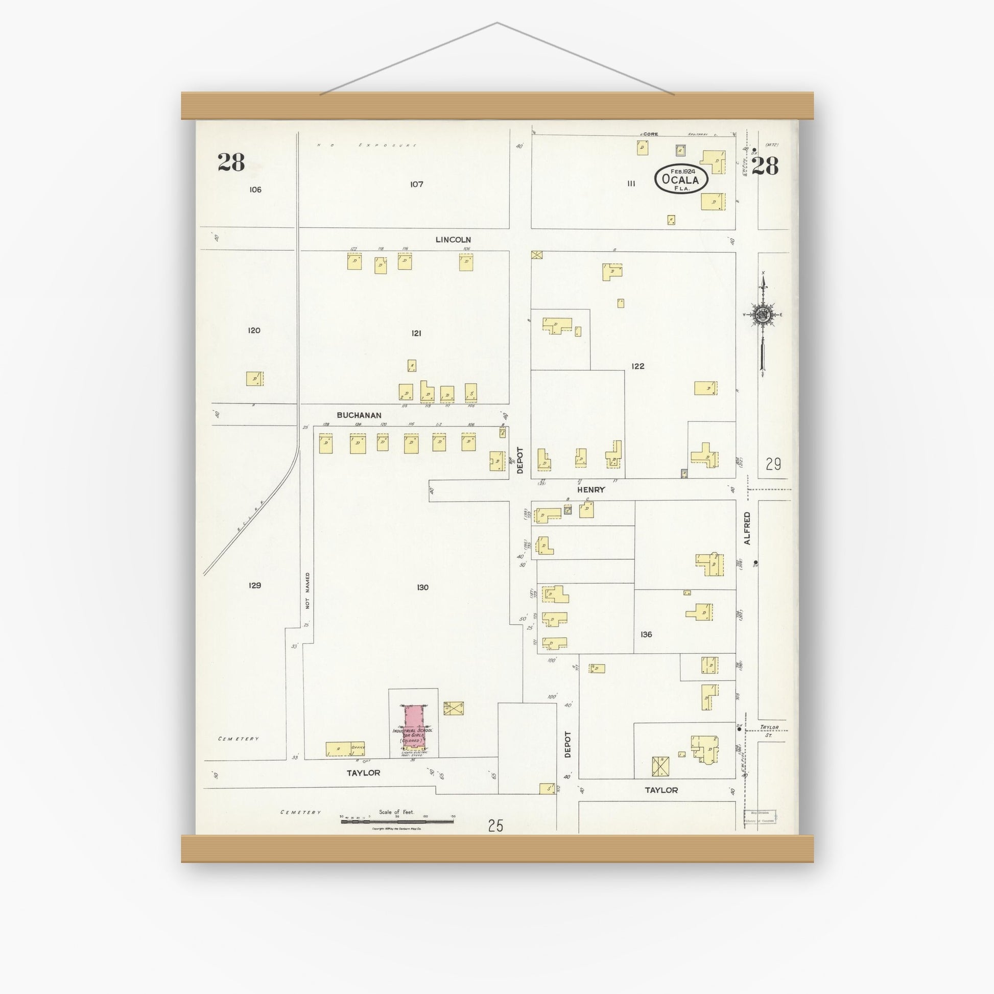 Old map wall art mockup — magnetic wood frame on white wall — Sanborn Fire Insurance Map from Ocala, Marion County, Florida (1924), Sheet #0028