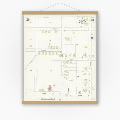 Old map wall art mockup — magnetic wood frame on white wall — Sanborn Fire Insurance Map from Ocala, Marion County, Florida (1924), Sheet #0028