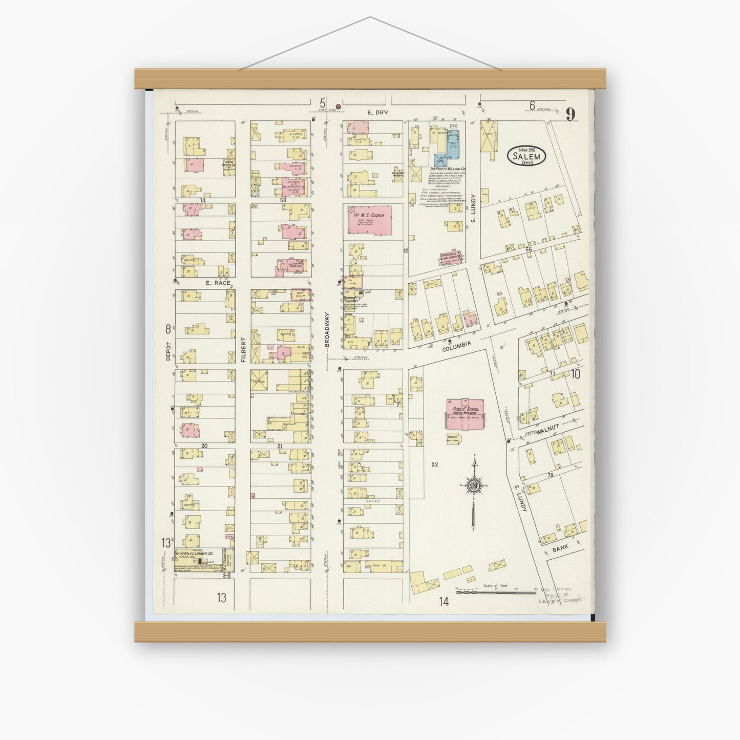 Old map wall art mockup — magnetic wood frame on white wall — Sanborn Fire Insurance Map from Salem, Columbiana County, Ohio (1915), Sheet #0009