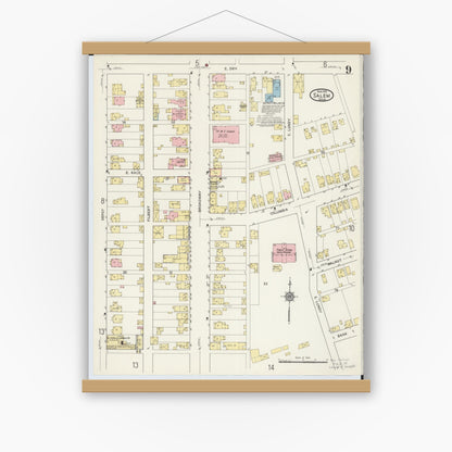 Old map wall art mockup — magnetic wood frame on white wall — Sanborn Fire Insurance Map from Salem, Columbiana County, Ohio (1915), Sheet #0009
