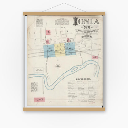 Old map wall art mockup — magnetic wood frame on white wall — Sanborn Fire Insurance Map from Ionia, Ionia County, Michigan (1884) - Complete Map Set