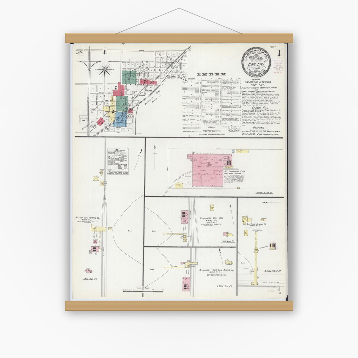 Old map wall art mockup — magnetic wood frame on white wall — Sanborn Fire Insurance Map from Coal City, Grundy County, Illinois (1907) - Complete Map Set