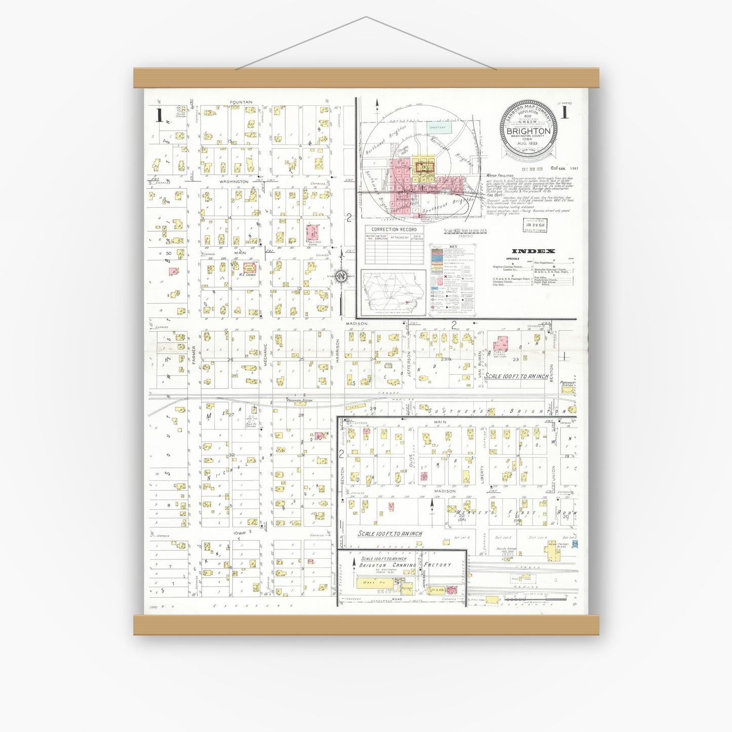 Old map wall art mockup — magnetic wood frame on white wall — Sanborn Fire Insurance Map from Brighton, Washington County, Iowa (1933) â€” Complete Set