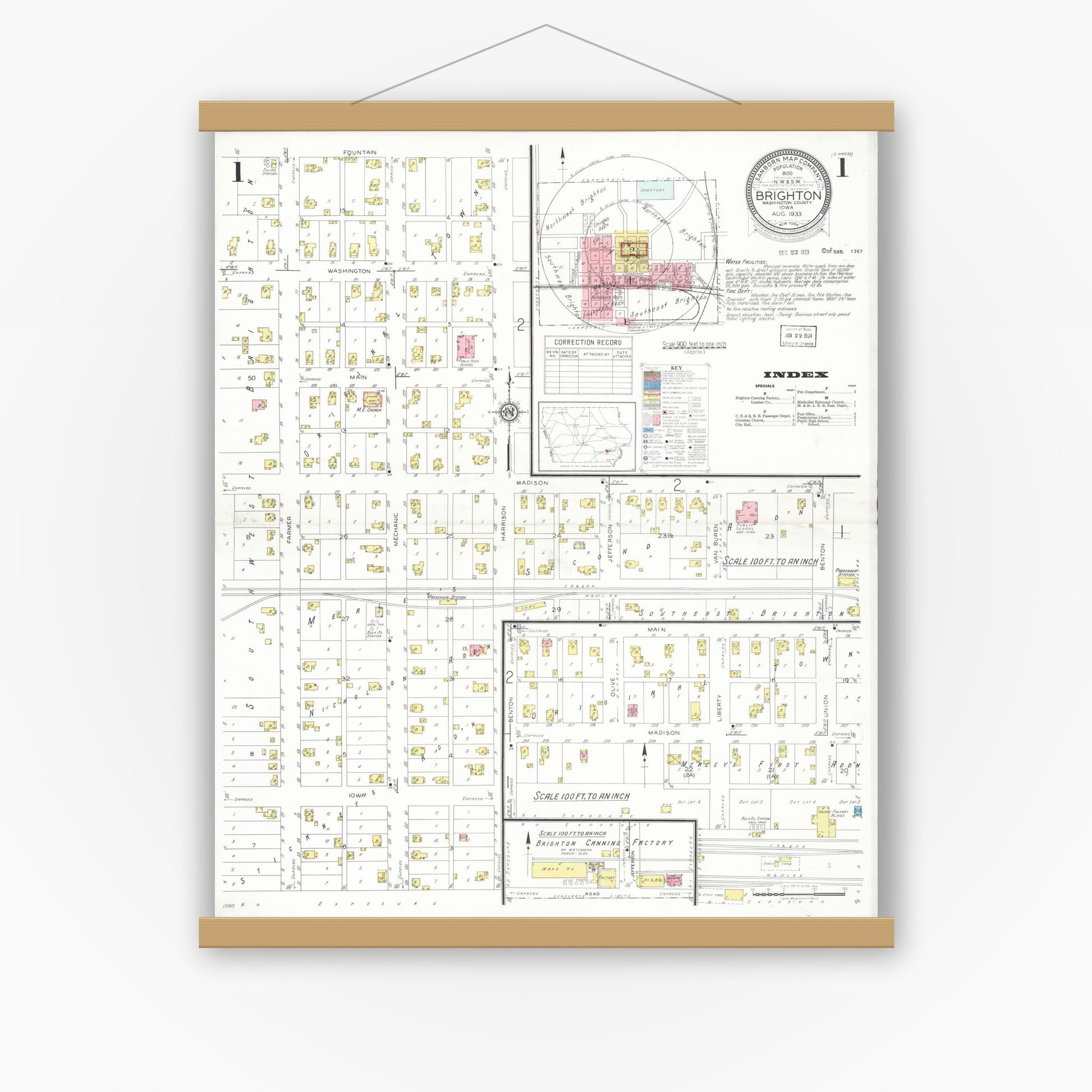 Old map wall art mockup — magnetic wood frame on white wall — Sanborn Fire Insurance Map from Brighton, Washington County, Iowa (1933) â€” Complete Set