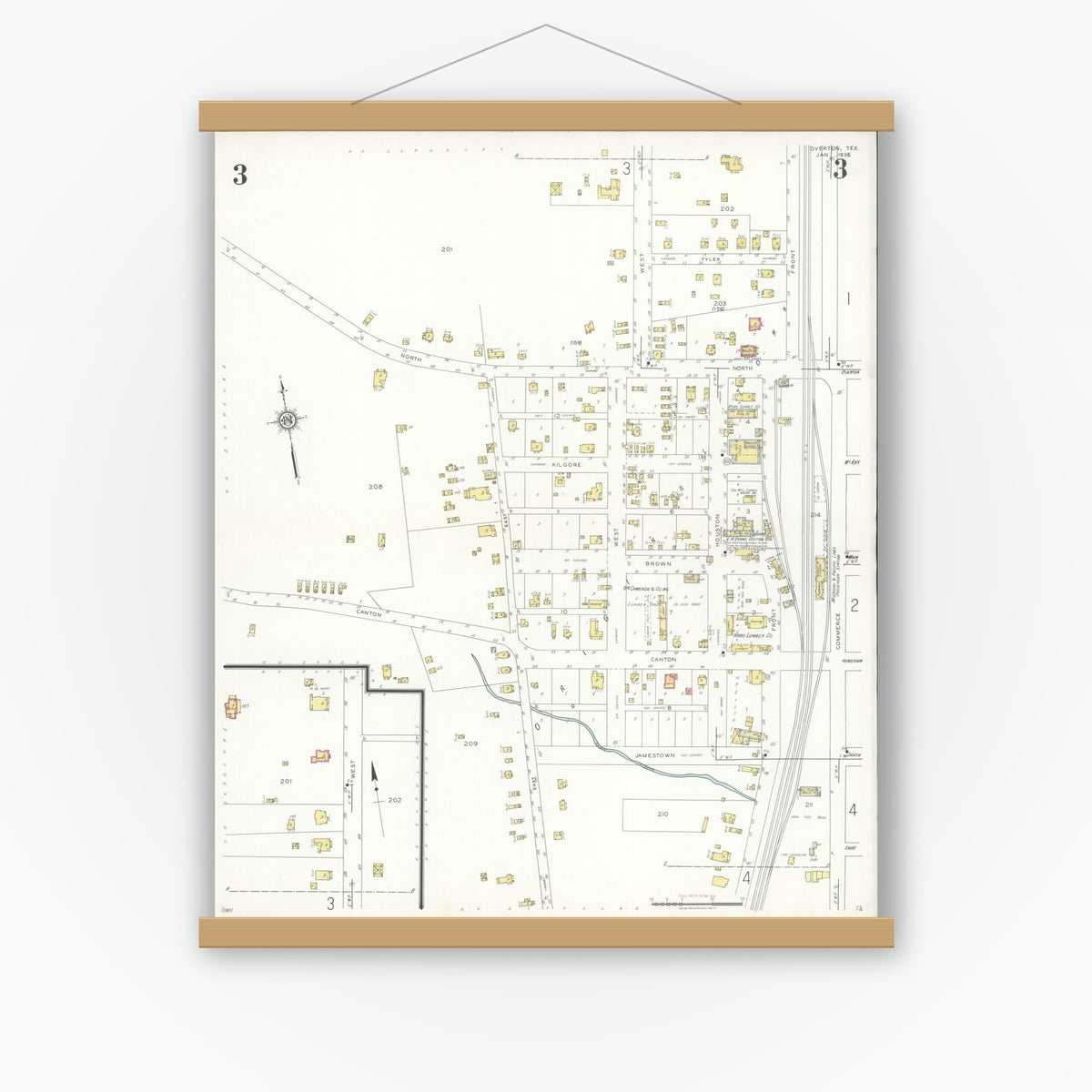 Old map wall art mockup — magnetic wood frame on white wall — Sanborn Fire Insurance Map from Overton, Rusk County, Texas (1936), Sheet #0003
