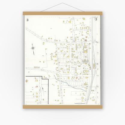 Old map wall art mockup — magnetic wood frame on white wall — Sanborn Fire Insurance Map from Overton, Rusk County, Texas (1936), Sheet #0003