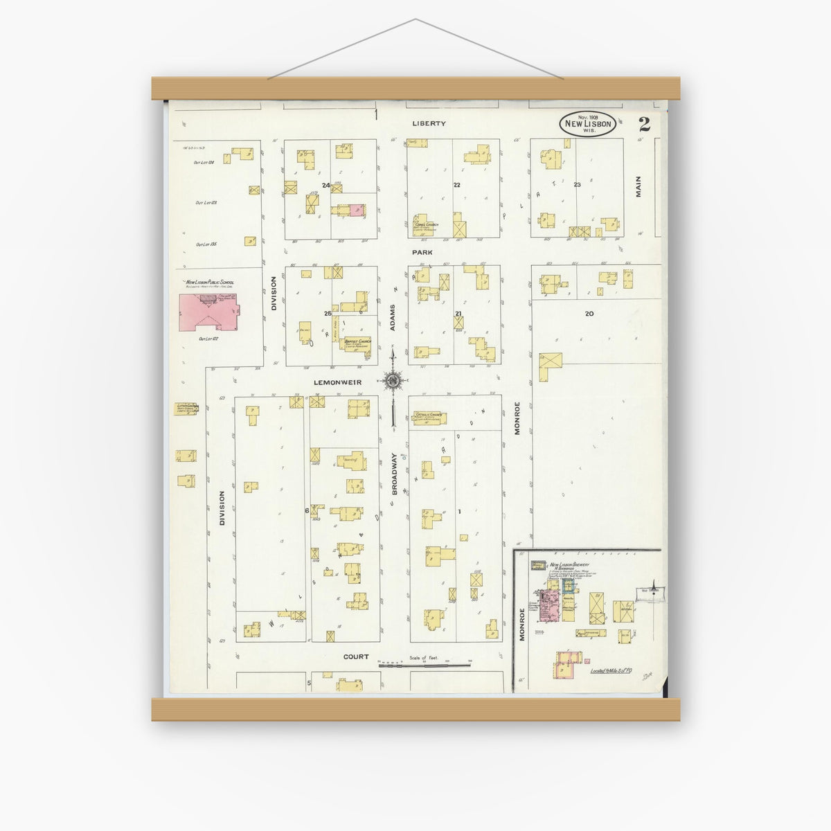 Old map wall art mockup — magnetic wood frame on white wall — Sanborn Fire Insurance Map from New Lisbon, Juneau County, Wisconsin (1909), Sheet #0002