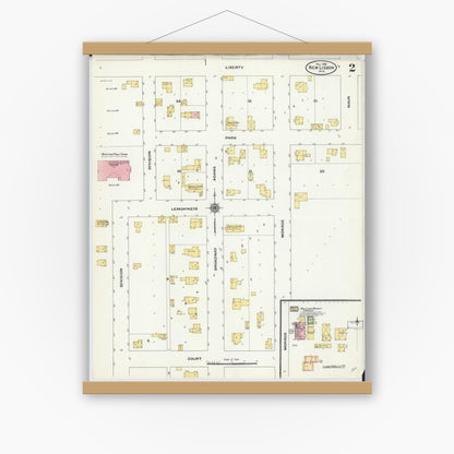 Old map wall art mockup — magnetic wood frame on white wall — Sanborn Fire Insurance Map from New Lisbon, Juneau County, Wisconsin (1909), Sheet #0002
