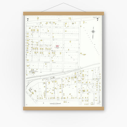 Old map wall art mockup — magnetic wood frame on white wall — Sanborn Fire Insurance Map from Commerce, Hunt County, Texas (1933), Sheet #0007
