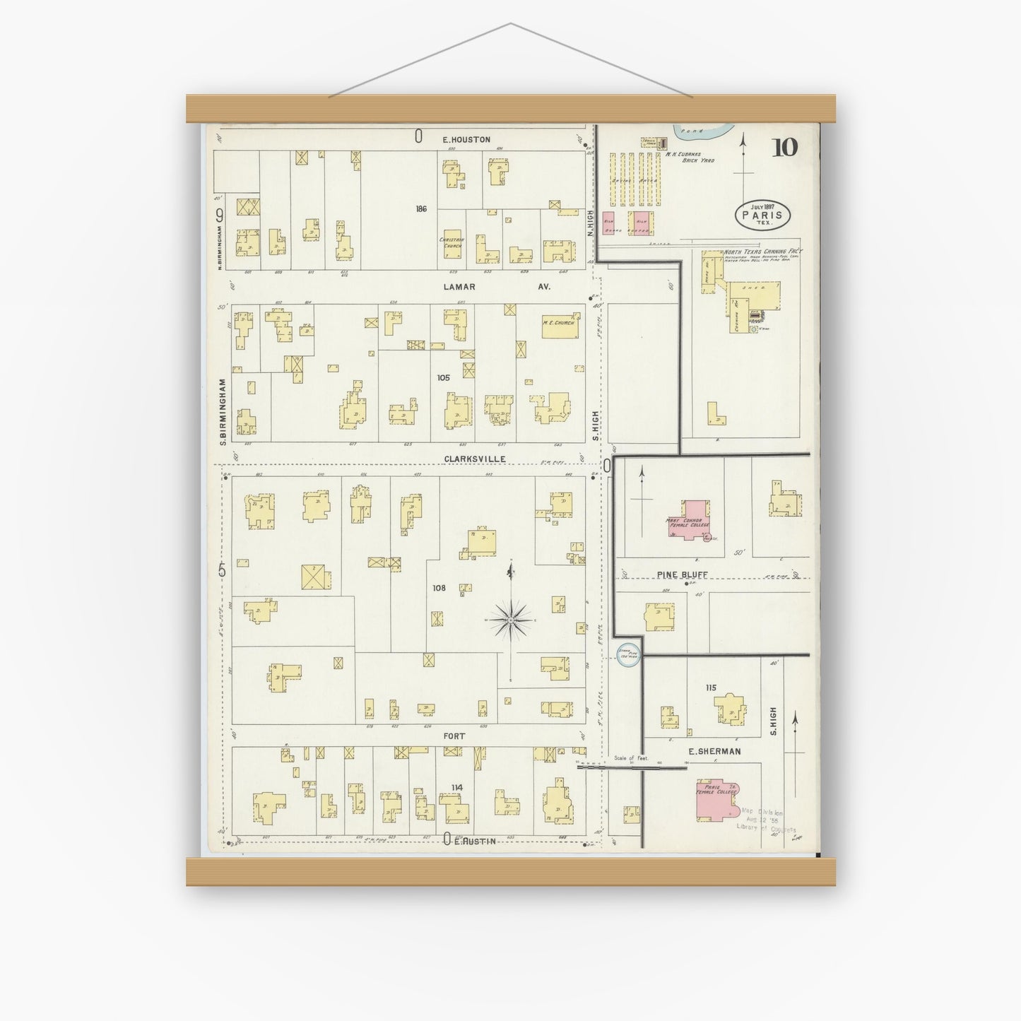 Old map wall art mockup — magnetic wood frame on white wall — Sanborn Fire Insurance Map from Paris, Lamar County, Texas (1897), Sheet #0010