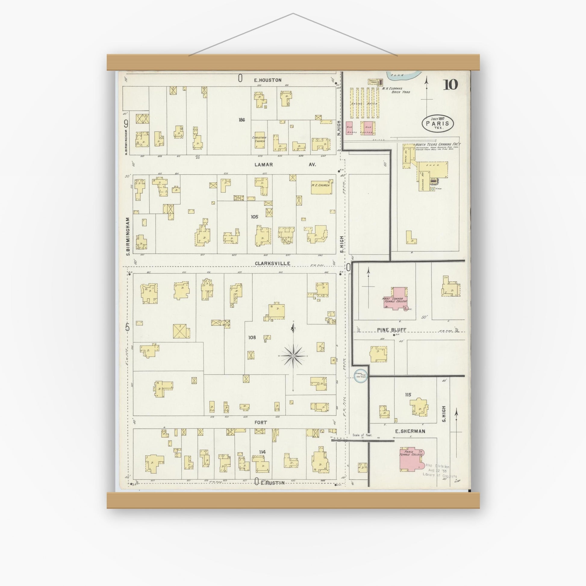 Old map wall art mockup — magnetic wood frame on white wall — Sanborn Fire Insurance Map from Paris, Lamar County, Texas (1897), Sheet #0010