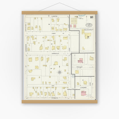 Old map wall art mockup — magnetic wood frame on white wall — Sanborn Fire Insurance Map from Paris, Lamar County, Texas (1897), Sheet #0010