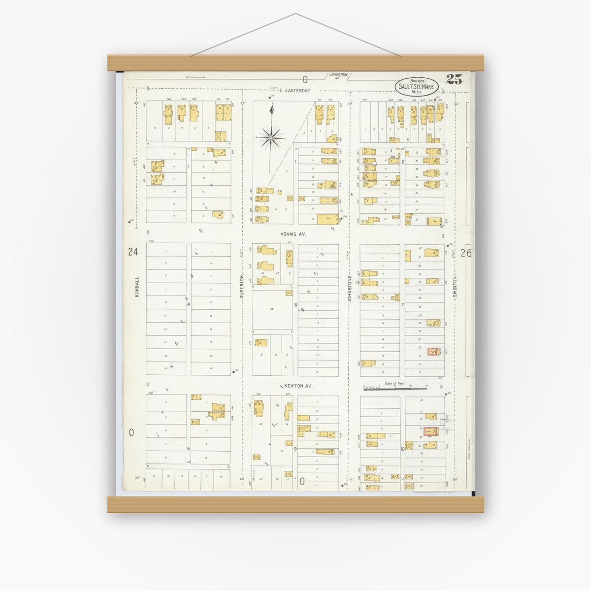 Old map wall art mockup — magnetic wood frame on white wall — Sanborn Fire Insurance Map from Sault Sainte Marie, Chippewa County, Michigan (1906), Sheet #0025