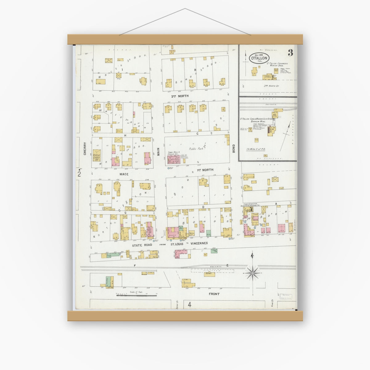 Old map wall art mockup — magnetic wood frame on white wall — Sanborn Fire Insurance Map from O'Fallon, Saint Clair County, Illinois (1899), Sheet #0003