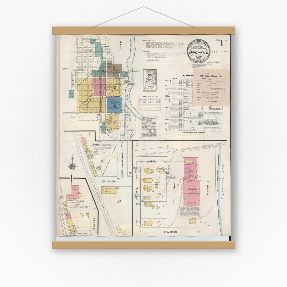 Old map wall art mockup — magnetic wood frame on white wall — Sanborn Fire Insurance Map from Monticello, White County, Indiana (1943), Sheet #0001