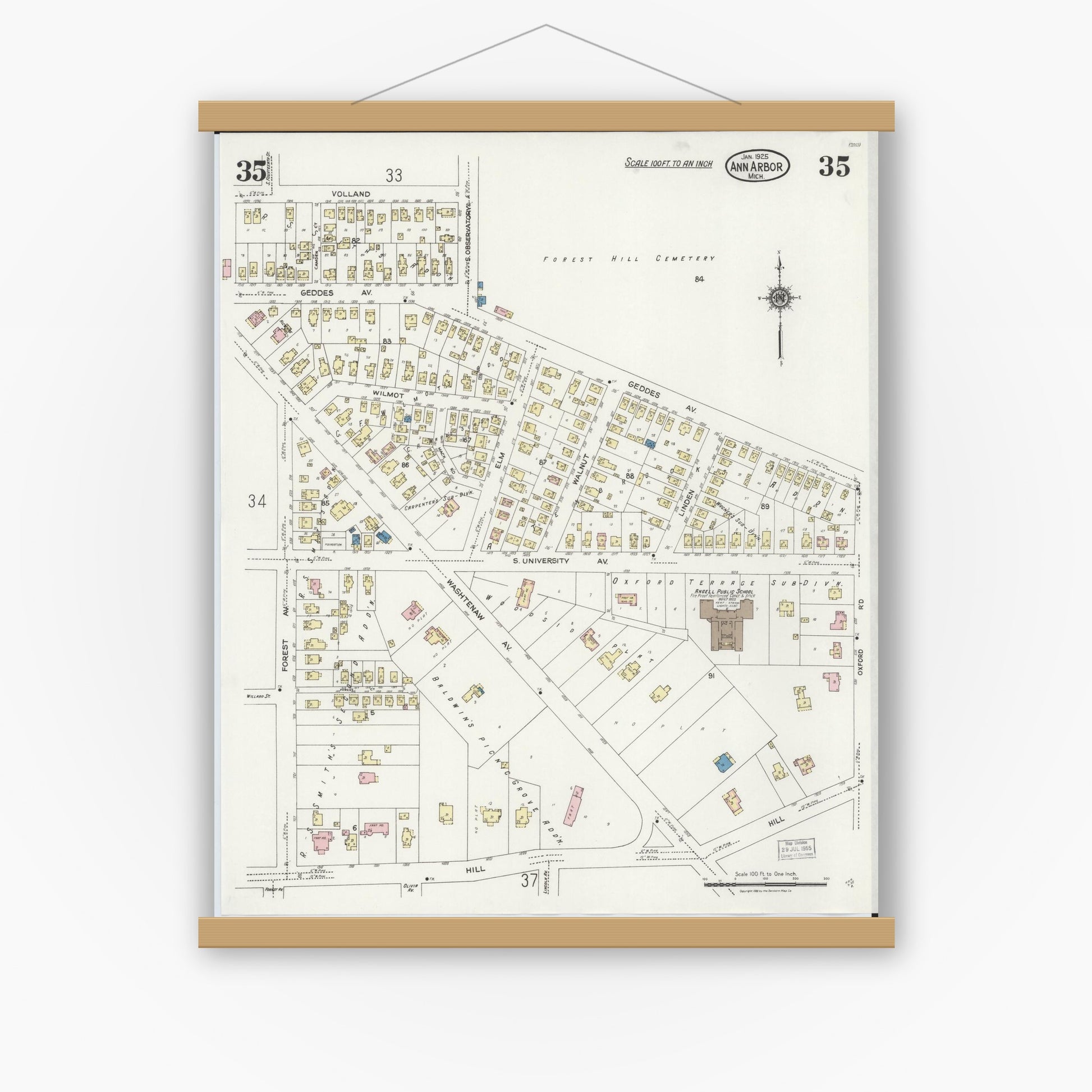 Old map wall art mockup — magnetic wood frame on white wall — Sanborn Fire Insurance Map from Ann Arbor, Washtenaw County, Michigan (1925), Sheet #0035