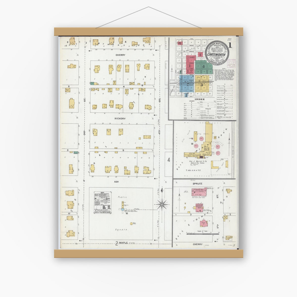 Old map wall art mockup — magnetic wood frame on white wall — Sanborn Fire Insurance Map from Chatsworth, Livingston County, Illinois (1906) - Complete Map Set