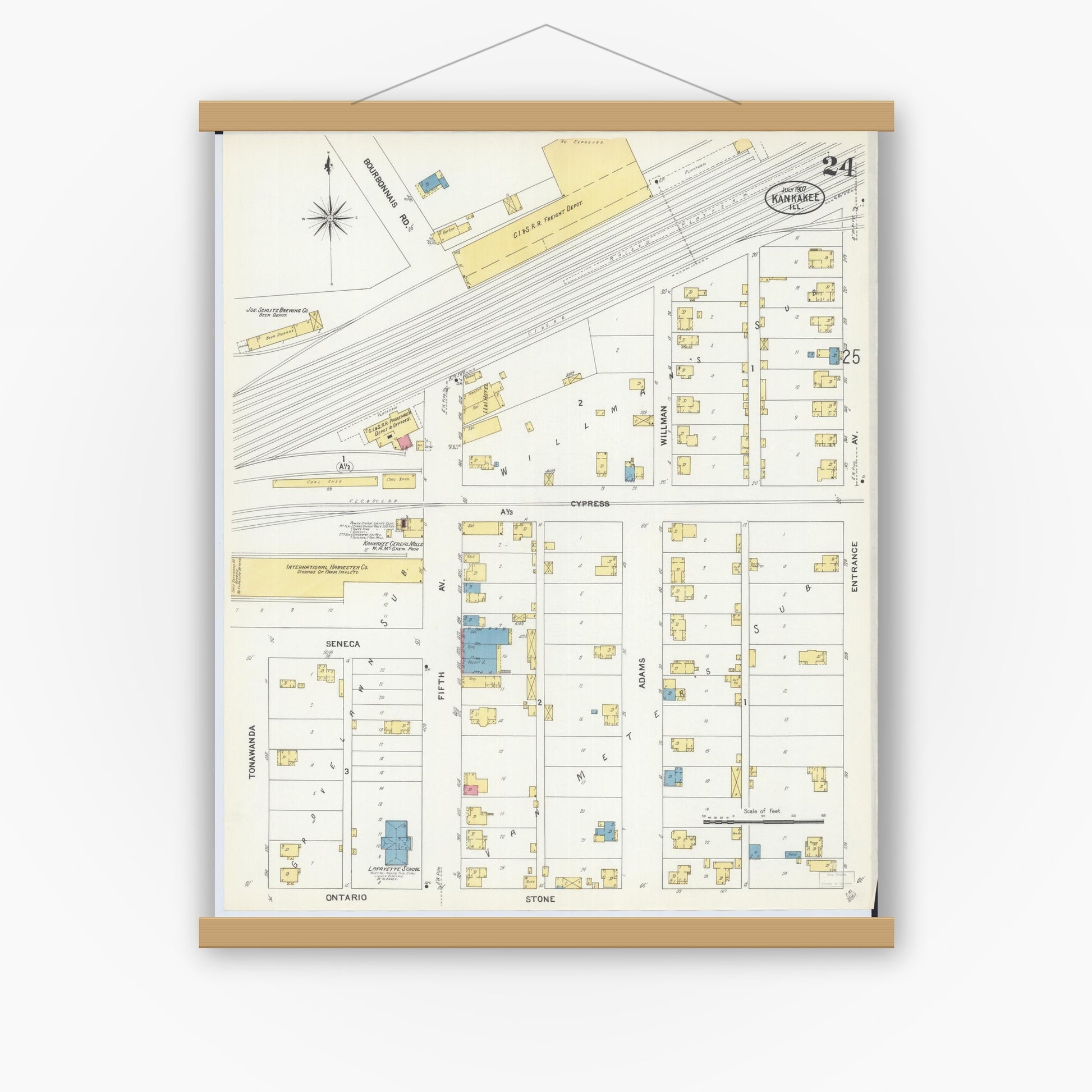 Old map wall art mockup — magnetic wood frame on white wall — Sanborn Fire Insurance Map from Kankakee, Kankakee County, Illinois (1907), Sheet #0024