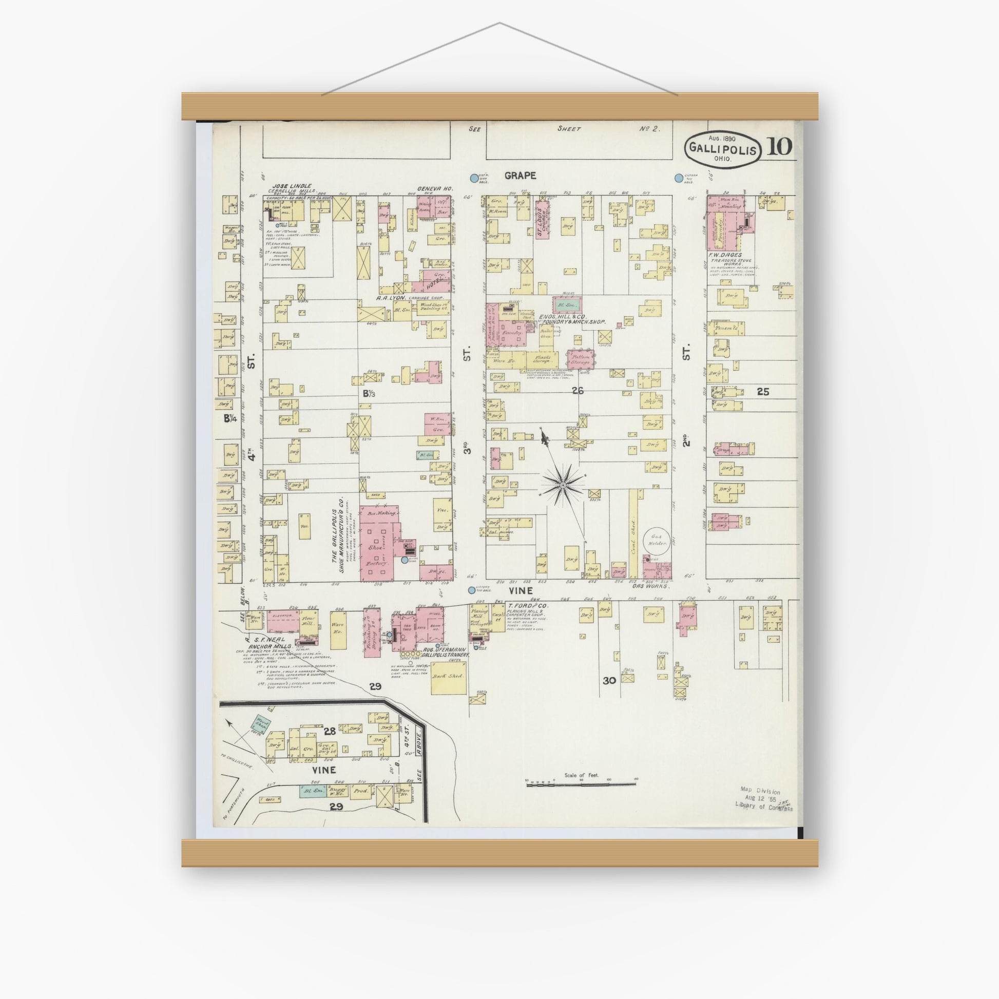 Old map wall art mockup — magnetic wood frame on white wall — Sanborn Fire Insurance Map from Gallipolis, Gallia County, Ohio (1890), Sheet #0010