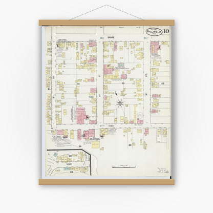 Old map wall art mockup — magnetic wood frame on white wall — Sanborn Fire Insurance Map from Gallipolis, Gallia County, Ohio (1890), Sheet #0010
