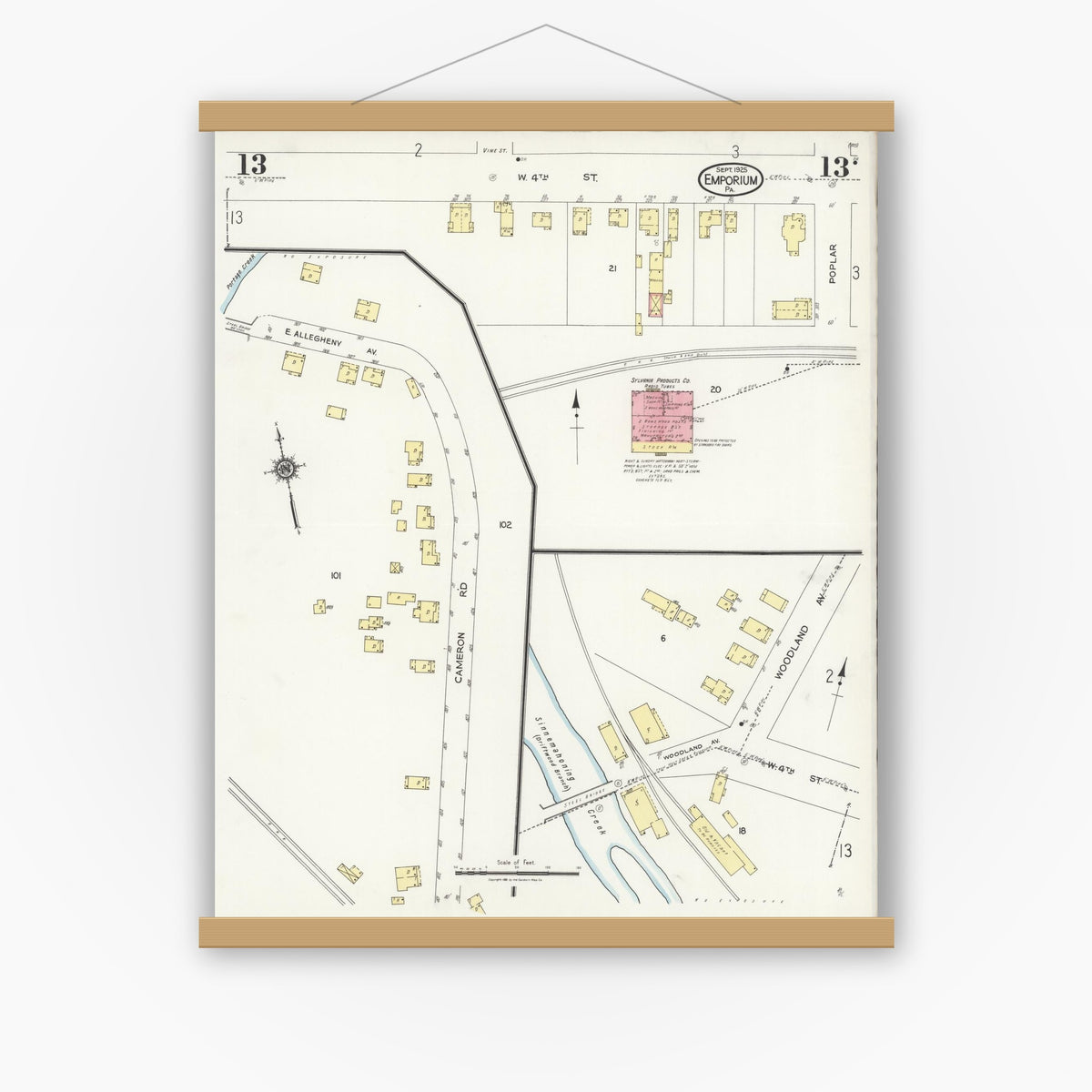 Old map wall art mockup — magnetic wood frame on white wall — Sanborn Fire Insurance Map from Emporium, Cameron County, Pennsylvania (1925), Sheet #0013