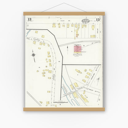 Old map wall art mockup — magnetic wood frame on white wall — Sanborn Fire Insurance Map from Emporium, Cameron County, Pennsylvania (1925), Sheet #0013
