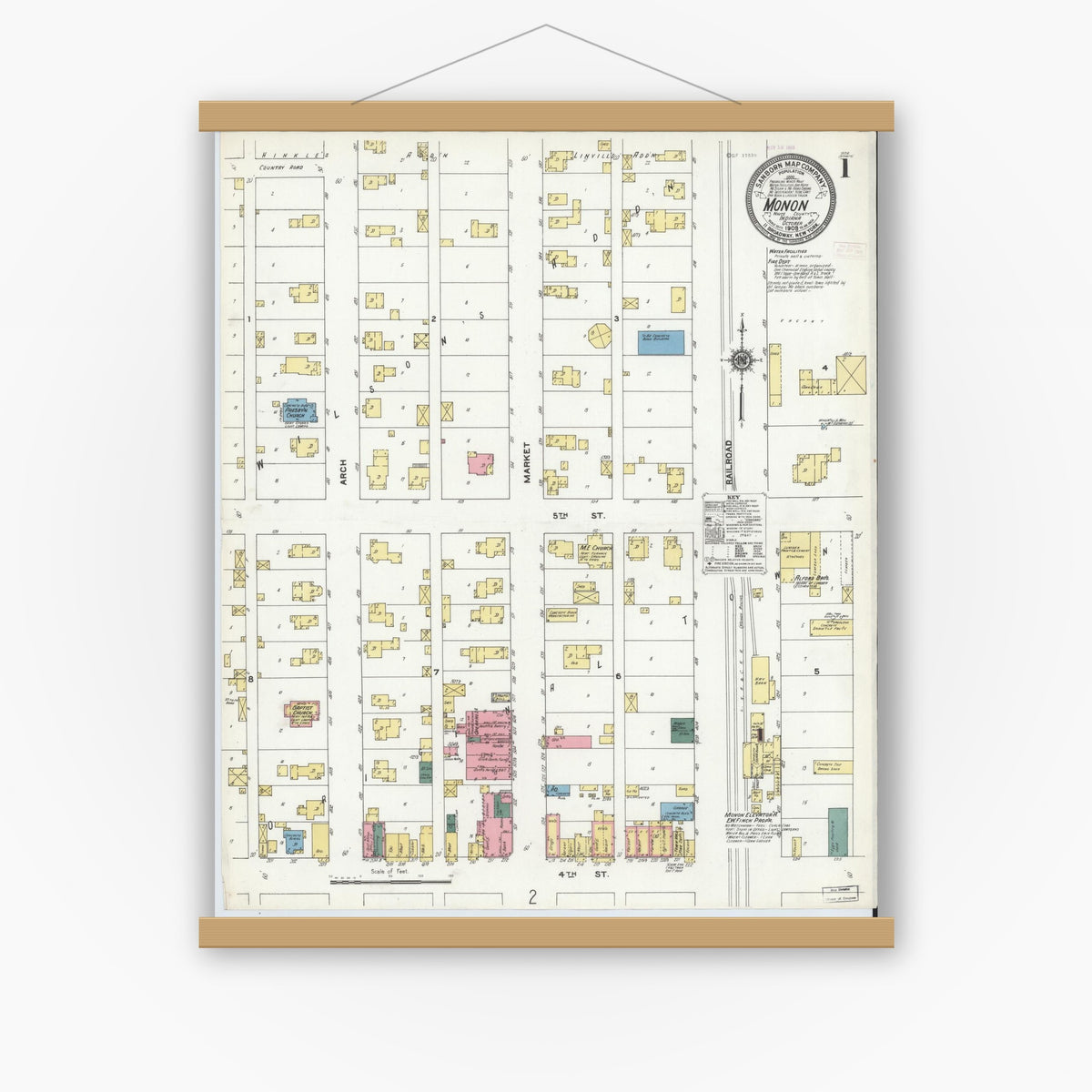 Old map wall art mockup — magnetic wood frame on white wall — Sanborn Fire Insurance Map from Monon, White County, Indiana (1909), Sheet #0001