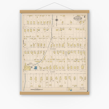 Old map wall art mockup — magnetic wood frame on white wall — Sanborn Fire Insurance Map from Gibsonburg, Sandusky County, Ohio (1922), Sheet #0004