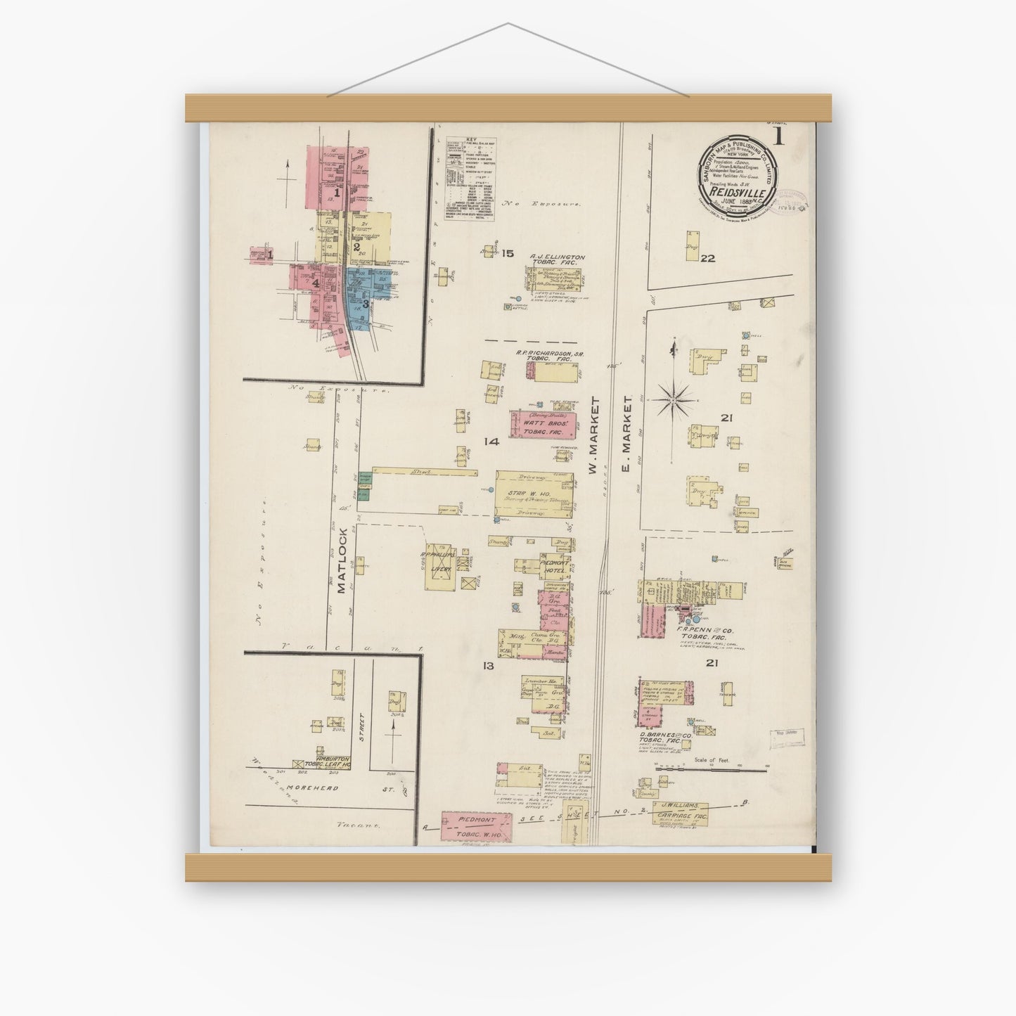 Old map wall art mockup — magnetic wood frame on white wall — Sanborn Fire Insurance Map from Reidsville, Rockingham County, North Carolina (1885) - Complete Map Set