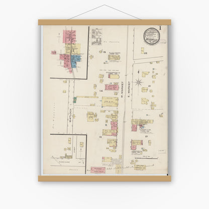 Old map wall art mockup — magnetic wood frame on white wall — Sanborn Fire Insurance Map from Reidsville, Rockingham County, North Carolina (1885) - Complete Map Set