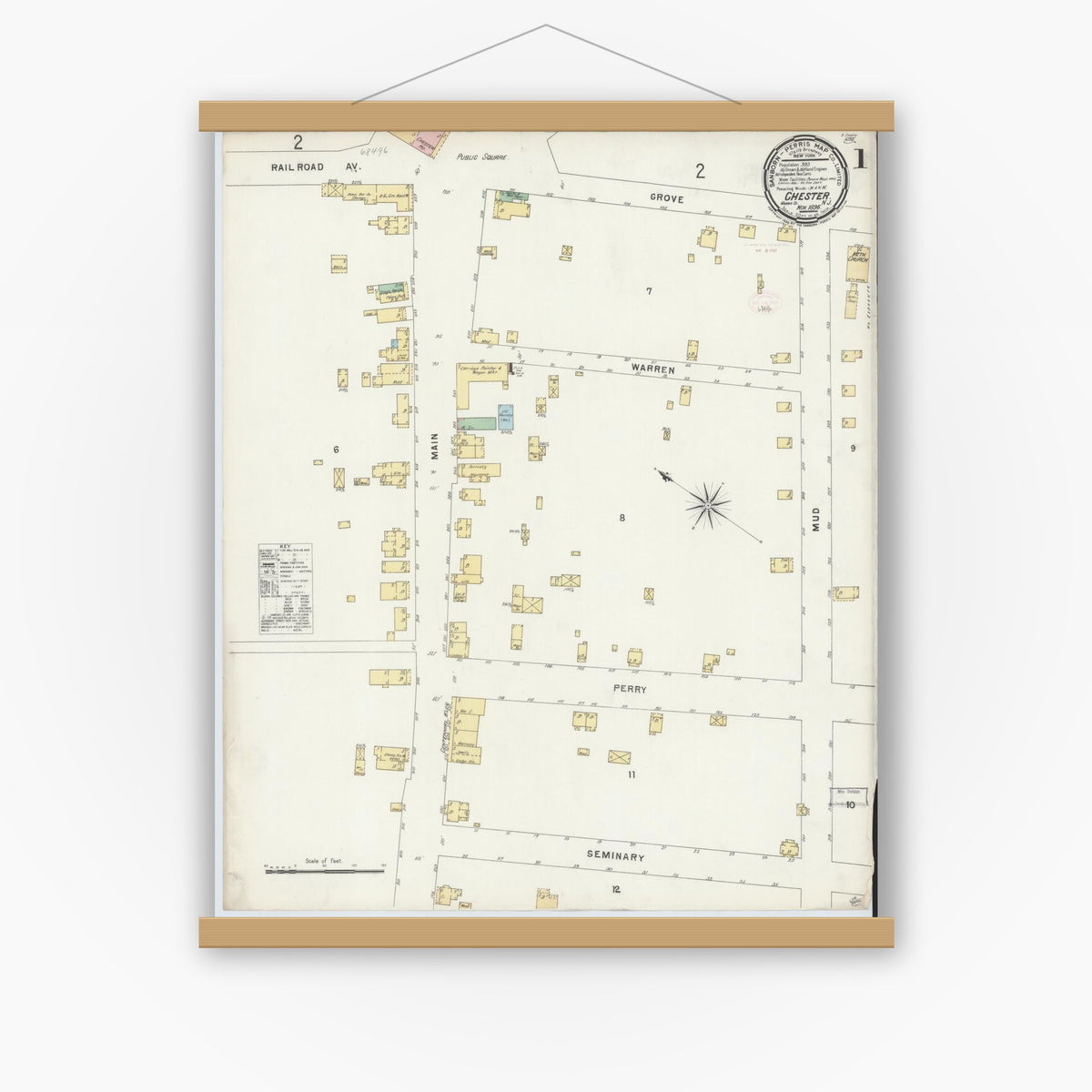 Old map wall art mockup — magnetic wood frame on white wall — Sanborn Fire Insurance Map from Chester, Morris County, New Jersey (1896), Sheet #0001