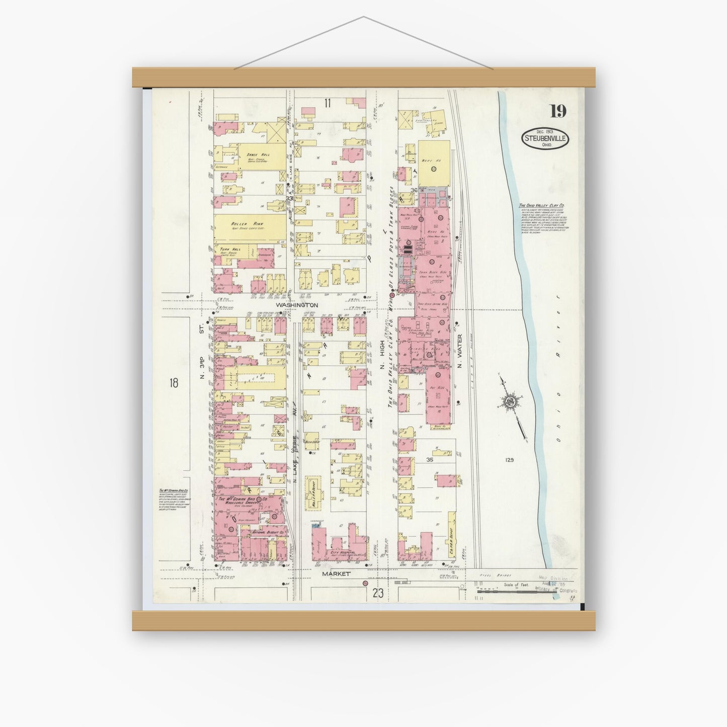 Old map wall art mockup — magnetic wood frame on white wall — Sanborn Fire Insurance Map from Steubenville, Jefferson County, Ohio (1913), Sheet #0019
