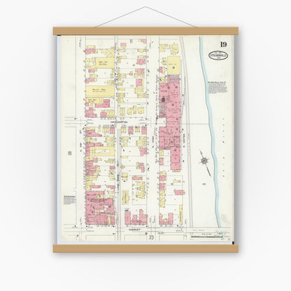 Old map wall art mockup — magnetic wood frame on white wall — Sanborn Fire Insurance Map from Steubenville, Jefferson County, Ohio (1913), Sheet #0019