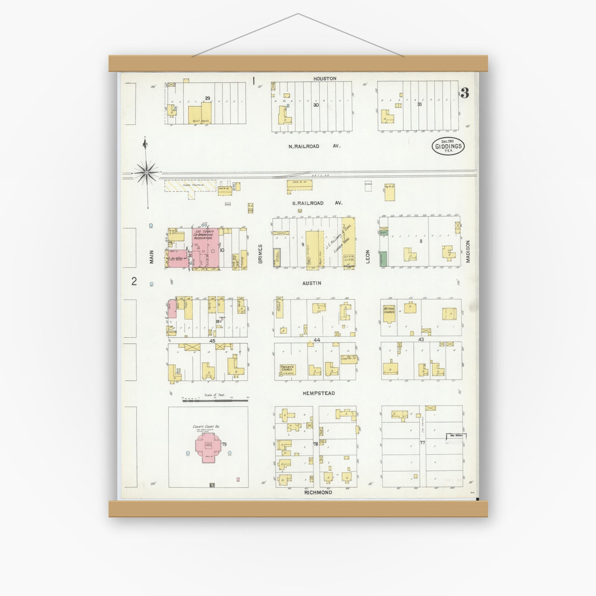 Old map wall art mockup — magnetic wood frame on white wall — Sanborn Fire Insurance Map from Giddings, Lee County, Texas (1901), Sheet #0003