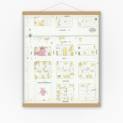 Old map wall art mockup — magnetic wood frame on white wall — Sanborn Fire Insurance Map from Giddings, Lee County, Texas (1901), Sheet #0003