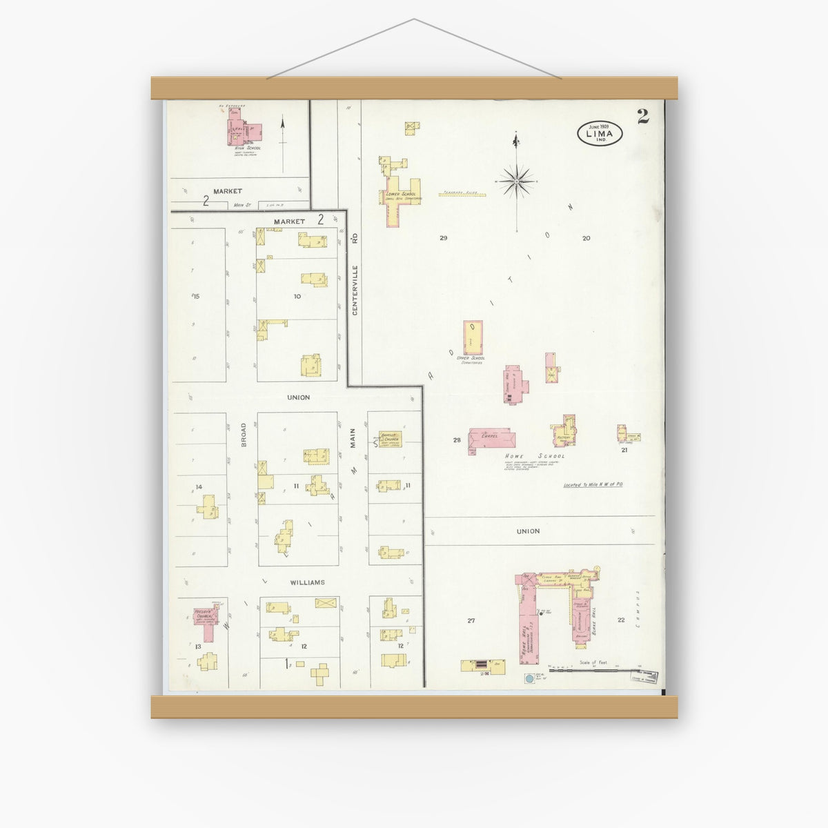 Old map wall art mockup — magnetic wood frame on white wall — Sanborn Fire Insurance Map from Lima, LaGrange County, Indiana (1909), Sheet #0002