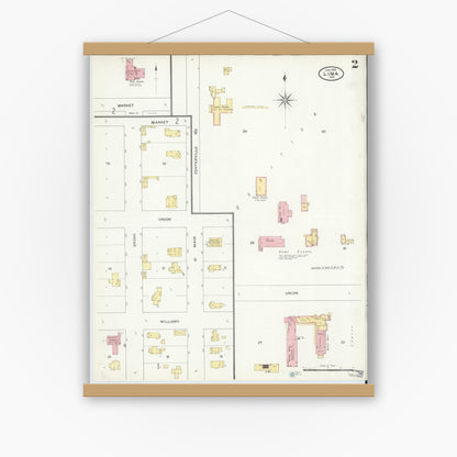 Old map wall art mockup — magnetic wood frame on white wall — Sanborn Fire Insurance Map from Lima, LaGrange County, Indiana (1909), Sheet #0002