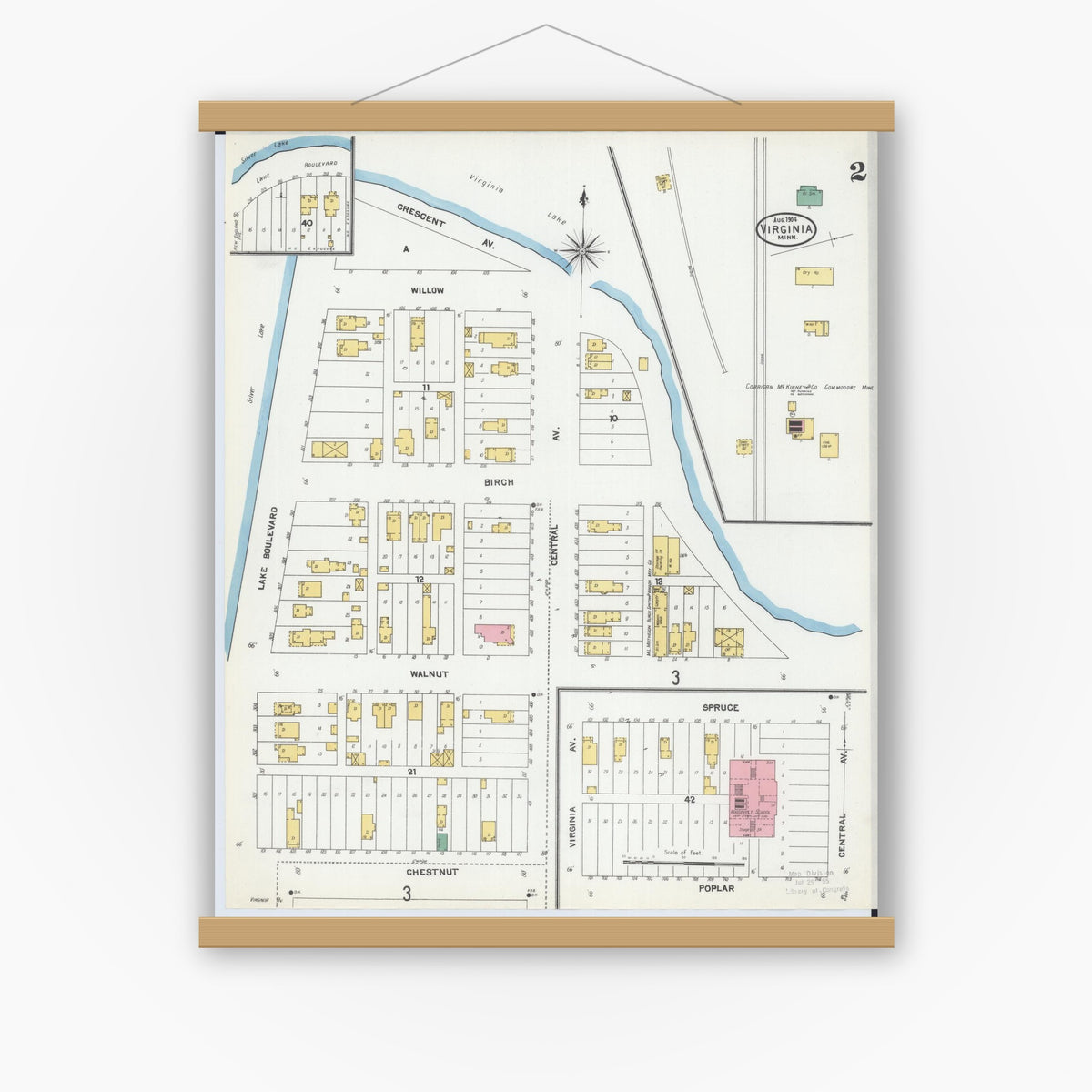 Old map wall art mockup — magnetic wood frame on white wall — Sanborn Fire Insurance Map from Virginia, Saint Louis County, Minnesota (1904), Sheet #0002