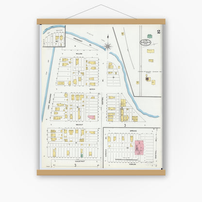 Old map wall art mockup — magnetic wood frame on white wall — Sanborn Fire Insurance Map from Virginia, Saint Louis County, Minnesota (1904), Sheet #0002