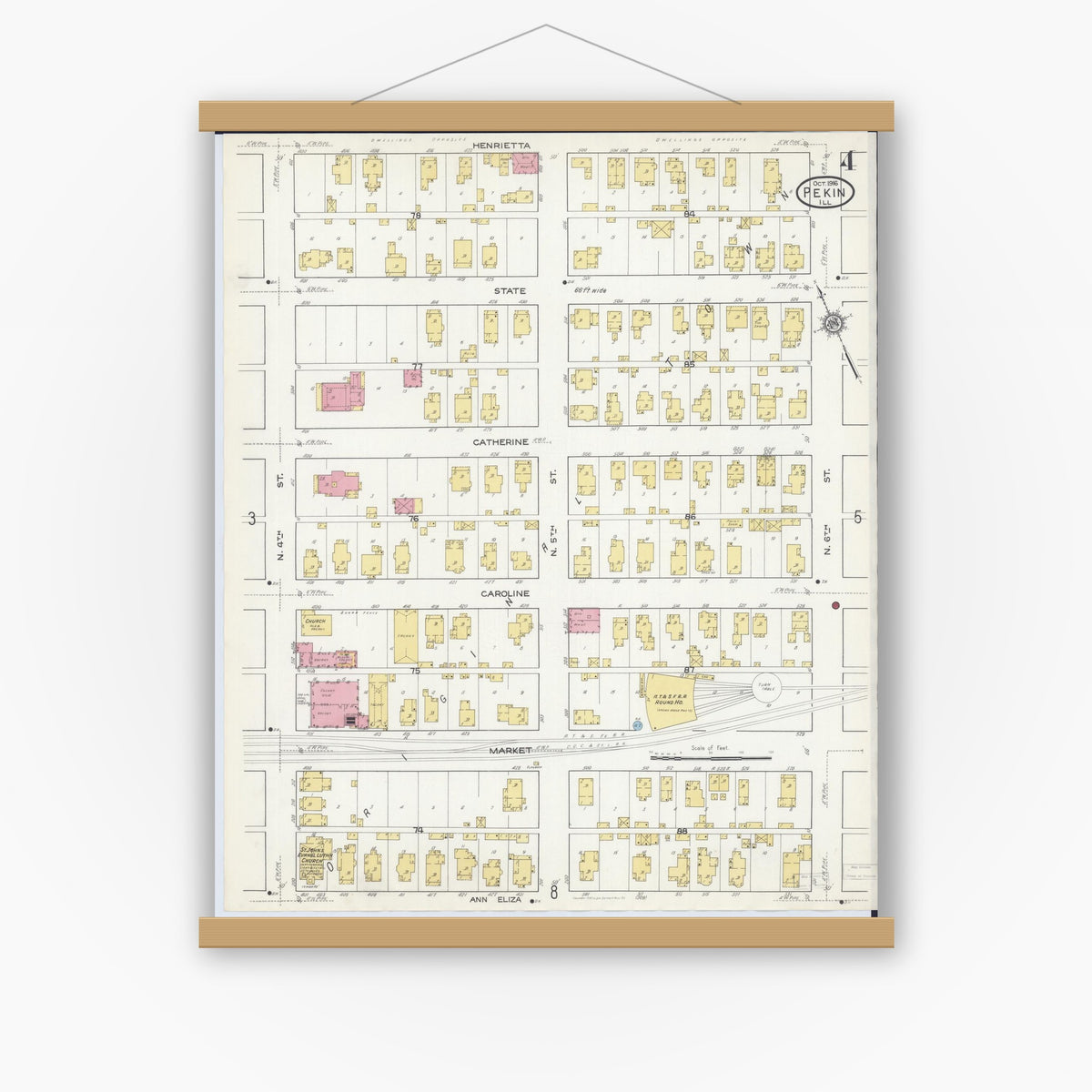 Old map wall art mockup — magnetic wood frame on white wall — Sanborn Fire Insurance Map from Pekin, Tazewell County, Illinois (1916), Sheet #0004