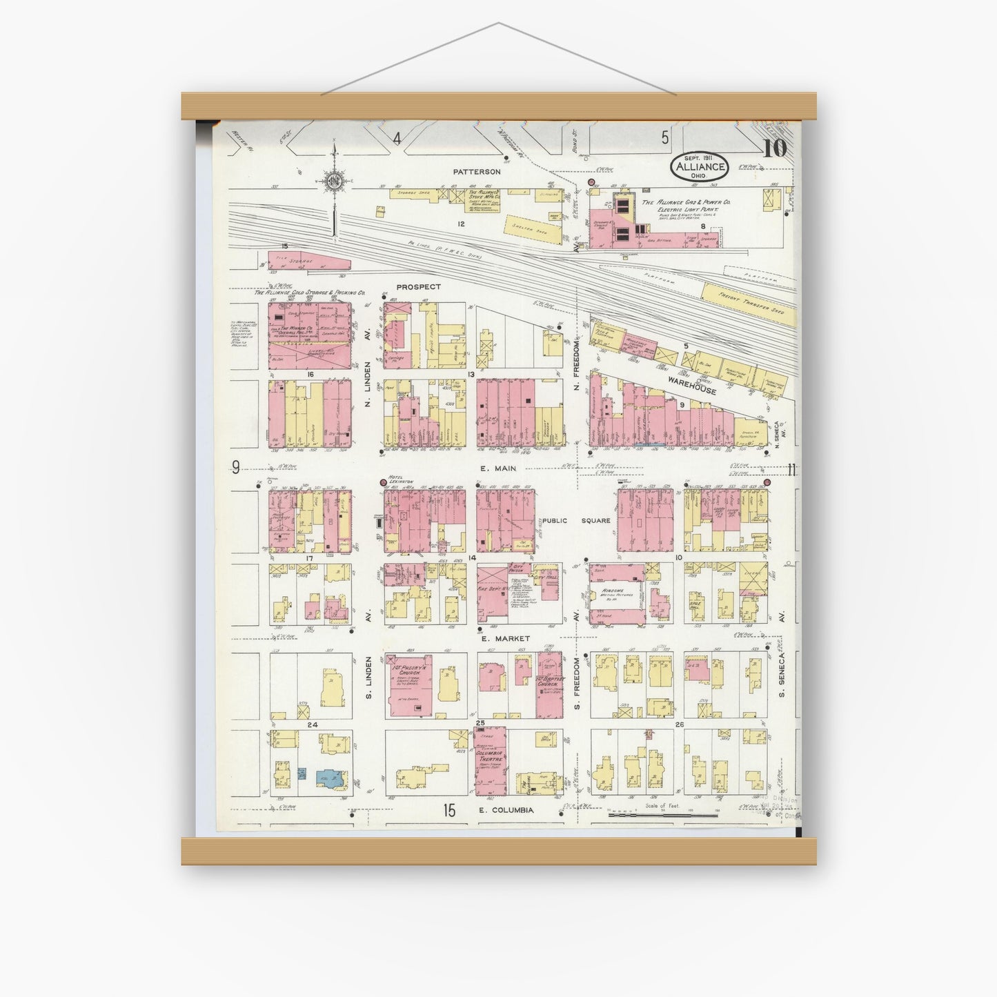 Old map wall art mockup — magnetic wood frame on white wall — Sanborn Fire Insurance Map from Alliance, Stark County, Ohio (1911), Sheet #0010