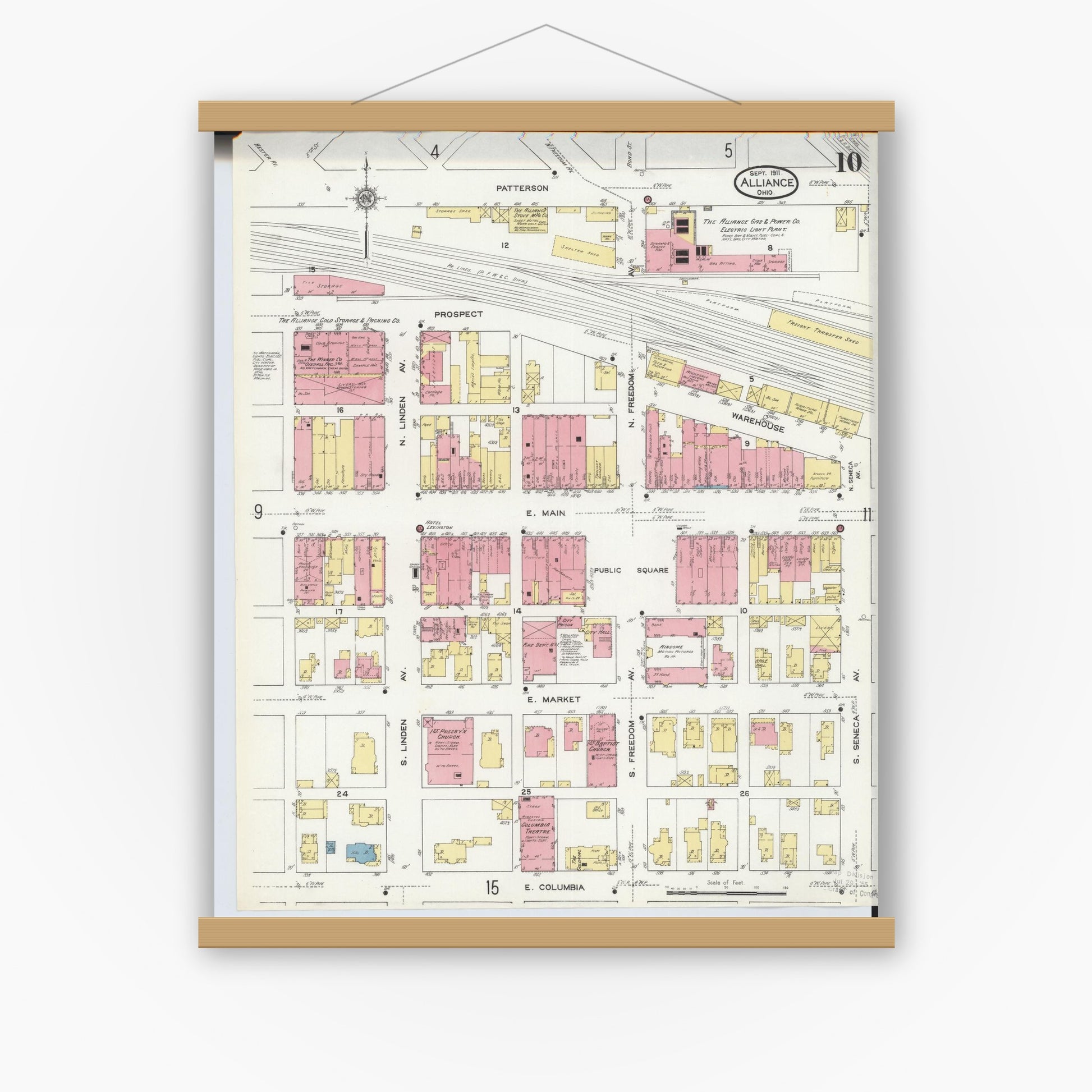 Old map wall art mockup — magnetic wood frame on white wall — Sanborn Fire Insurance Map from Alliance, Stark County, Ohio (1911), Sheet #0010