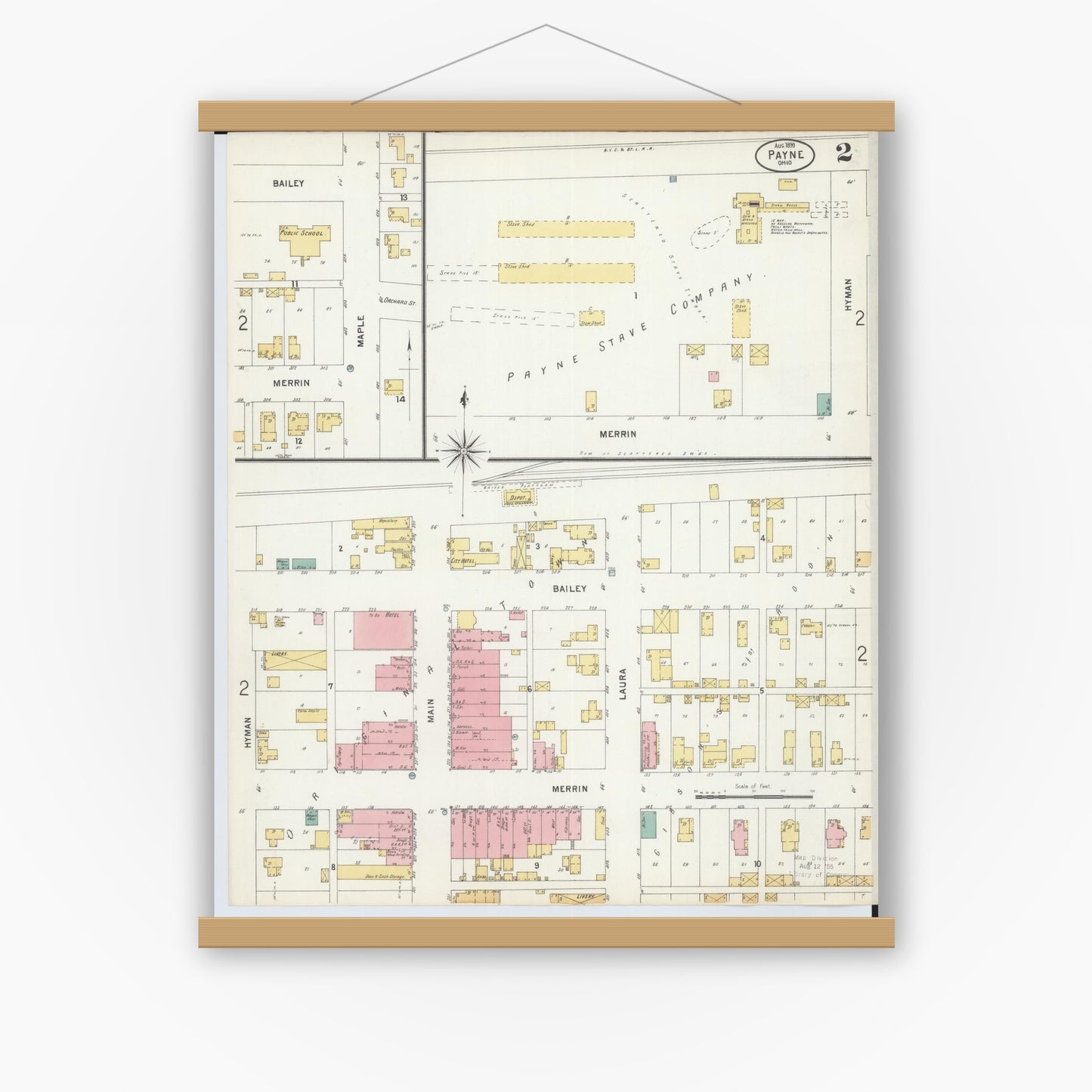 Old map wall art mockup — magnetic wood frame on white wall — Sanborn Fire Insurance Map from Payne, Paulding County, Ohio (1899), Sheet #0002