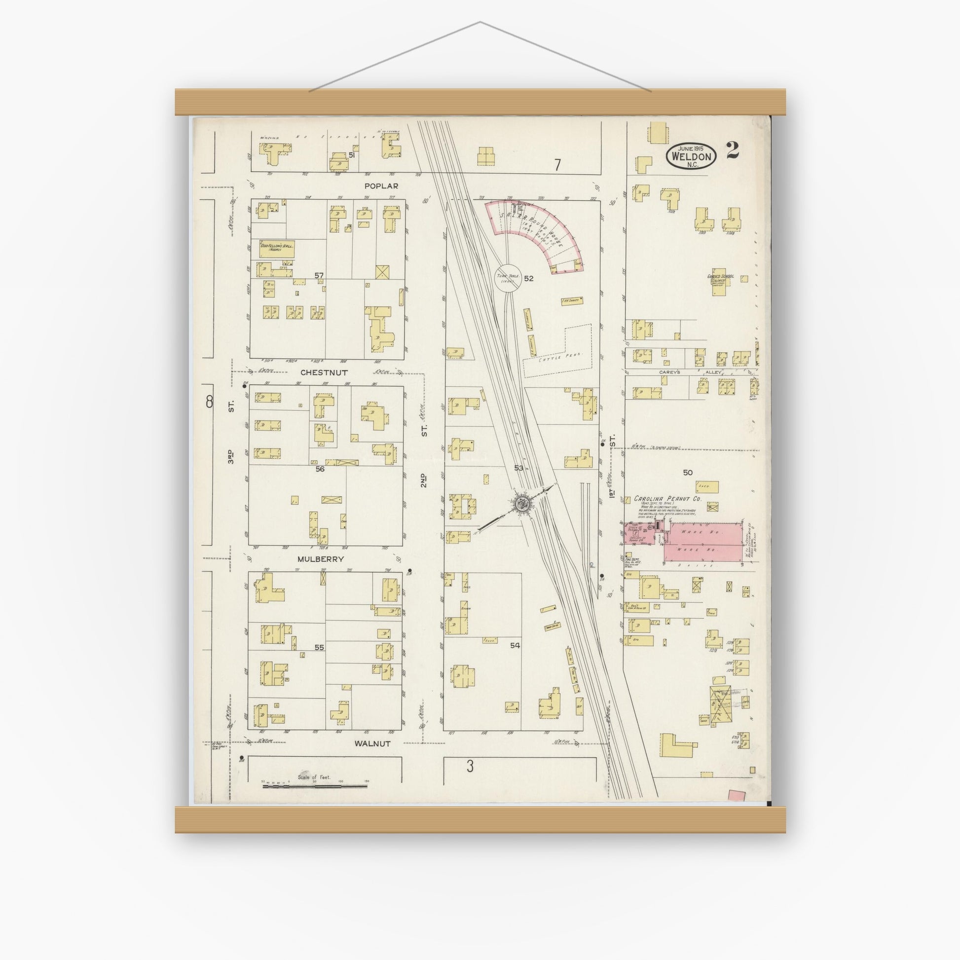 Old map wall art mockup — magnetic wood frame on white wall — Sanborn Fire Insurance Map from Weldon, Halifax County, North Carolina (1915), Sheet #0002
