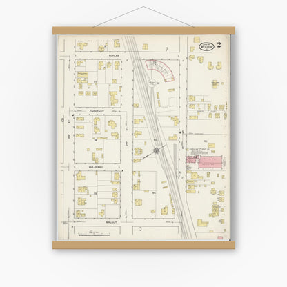 Old map wall art mockup — magnetic wood frame on white wall — Sanborn Fire Insurance Map from Weldon, Halifax County, North Carolina (1915), Sheet #0002
