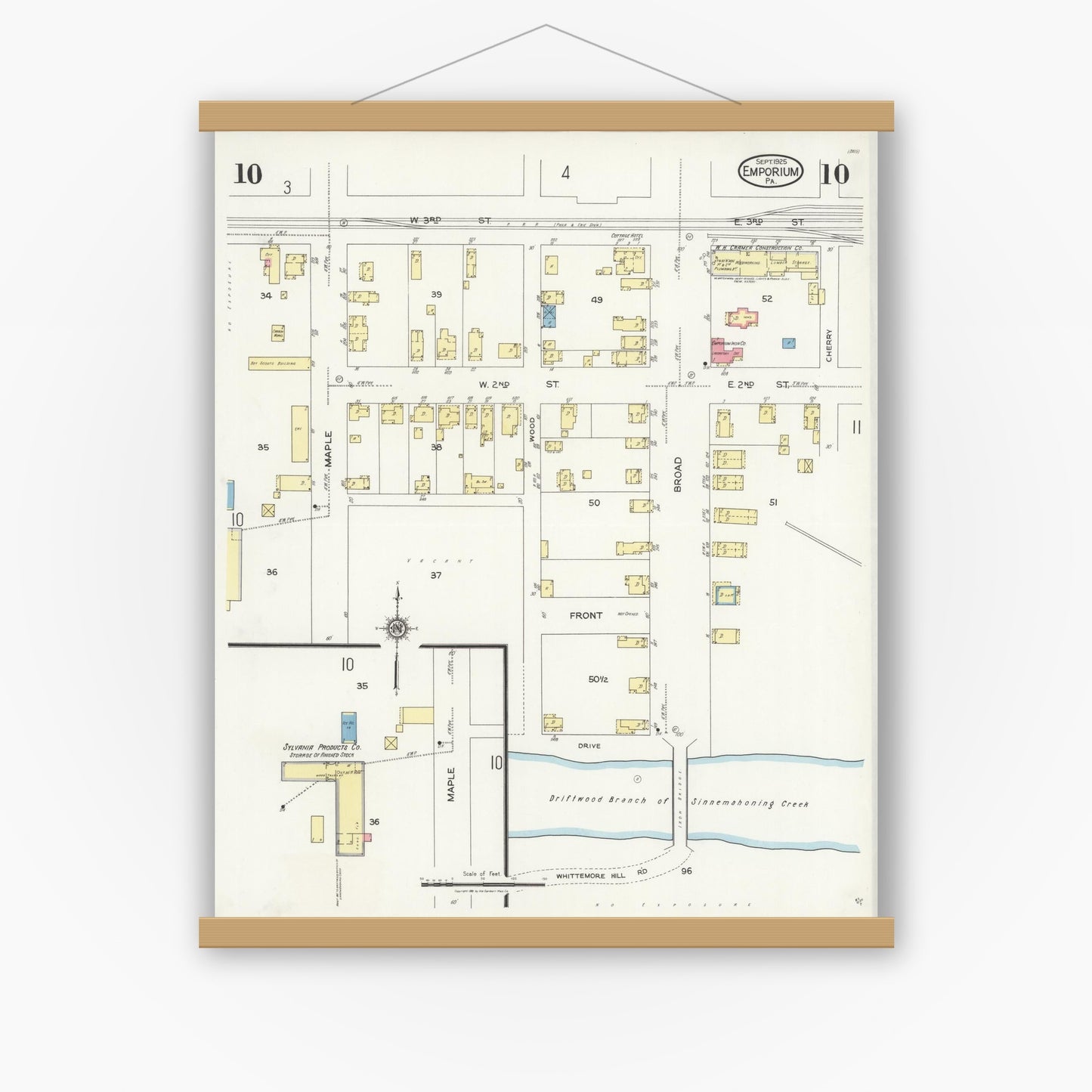 Old map wall art mockup — magnetic wood frame on white wall — Sanborn Fire Insurance Map from Emporium, Cameron County, Pennsylvania (1925), Sheet #0010