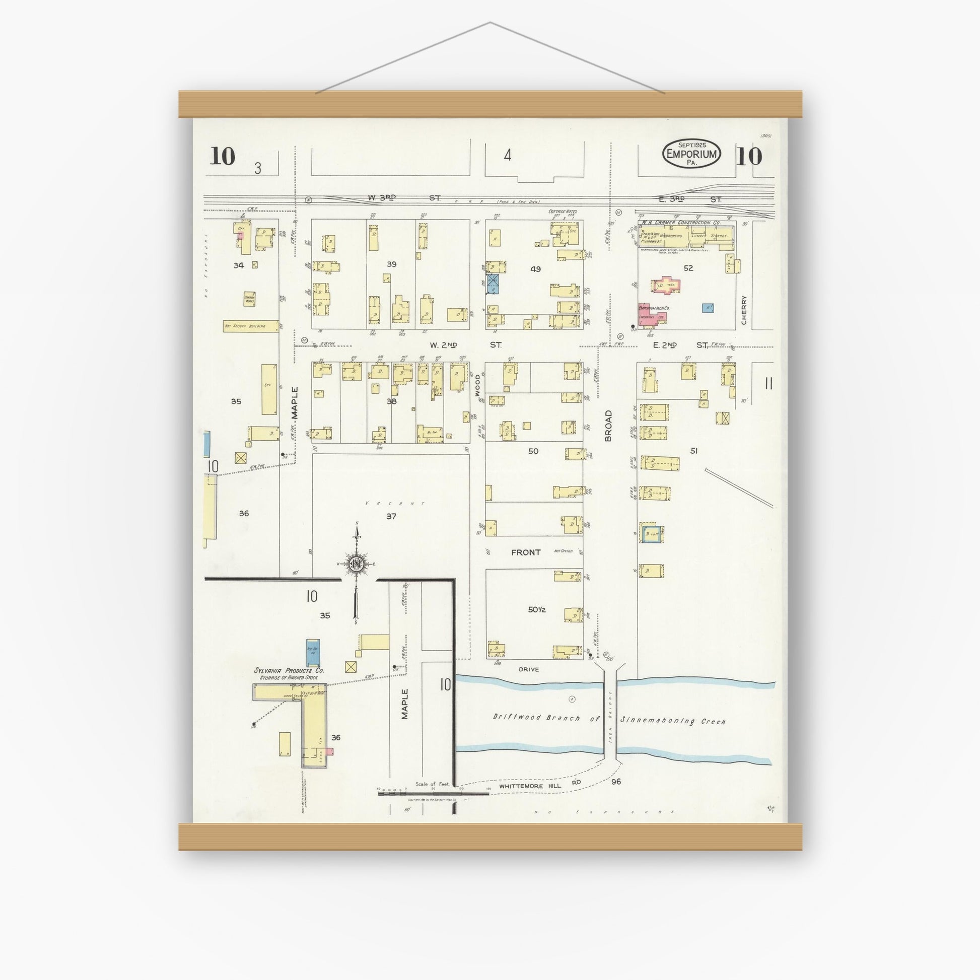 Old map wall art mockup — magnetic wood frame on white wall — Sanborn Fire Insurance Map from Emporium, Cameron County, Pennsylvania (1925), Sheet #0010